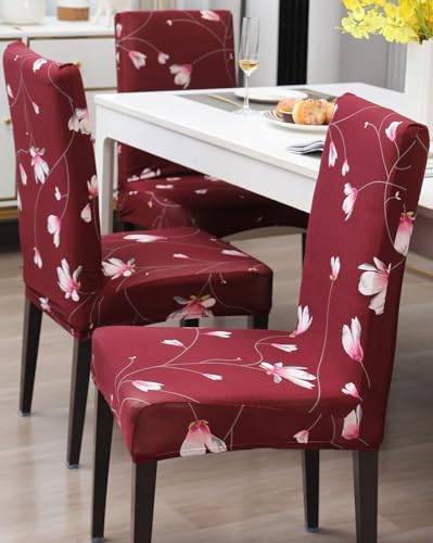 Image of Gifts Island Polyester Floral Print Dining Table Chair Cover Set of 6 Seater Stretchable Washable Chair Seat Slipcover (Maroon Floral)