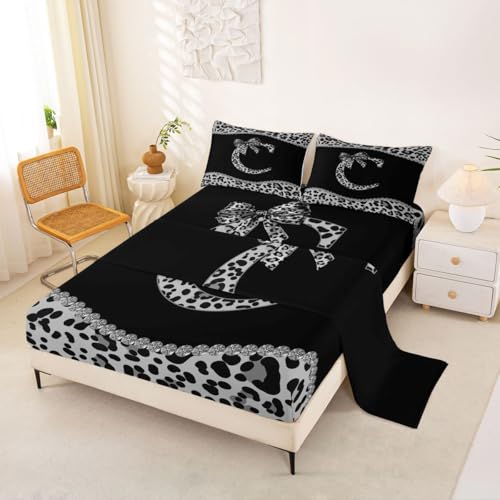 Homewish Juego de ropa de cama personalizado con letra C, tamaño individual, color gris y negro, con estampado de leopardo gris y negro, juego de sábanas bajeras de 3 piezas