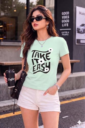 Image of Preneum Women's Graphic Printed T-Shirt, Round Neck Half Sleeve Casual Slim Fit Cotton Blend Tee, College, Office & Travel
