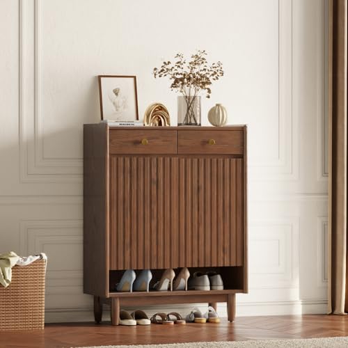Image of KungFuWood 30 inch W Solid Wood Shoe Cabinet Storageand 2 Adjustable Shelves,Shoe Storage Cabinet with Doors,Wooden Shoe Organizer Cabinet for Entryway, Foyer