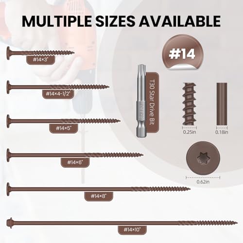 #14 x 3 Pulgadas Tornillos de Madera de Alta Resistencia (33 Piezas / 1LB), Tornillos para terrazas con accionamiento estrella, resistentes a la oxidación para madera de paisajismo (Marrón) miniatura 3