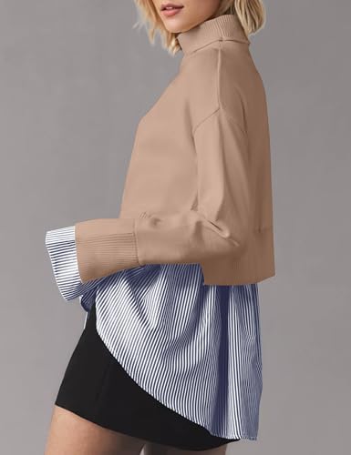 Image of Women Turtleneck Slit Patchwork Knit Pullover Sweater 2 in 1 Asymmetrical Hem Striped Button Down Shirt Tops