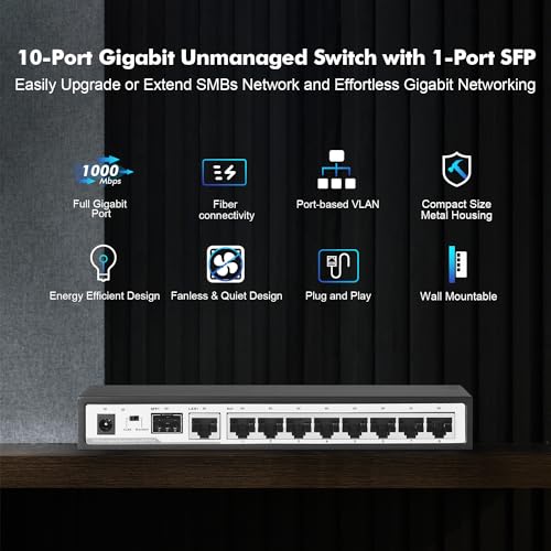 Image of 10 Port Gigabit Switch, 8 x 100 /1000Mbps Ports, 1 Gigabit Uplink, 1 Gigabit SFP, Support Vlan, Metal Fanless Unmanaged Plug and Play YuLinca Ethernet Switch