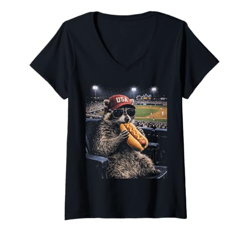 Women's Funny Patriotic Raccoon Eating Hot-Dog Baseball USA Hat V-Neck T-Shirt