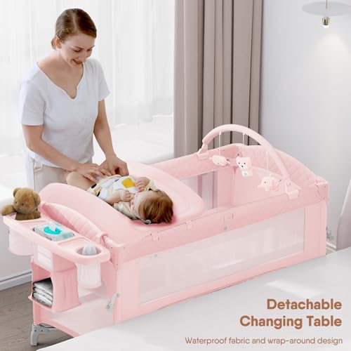 Image of Obee Odee 4 in 1 Baby Bassinet, Pack and Play, Bedside Crib Sleeper, Diaper Changer - Comes with Mattress, Mosquito Net, Bottom Storage and Toy Bar for Newborn to Toddles