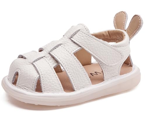 DADAWEN Baby Boys Girls Closed Toe Summer Sandals Lightweight Non-Slip Soft Sole Leather Athletic Sandals Outdoor Toddler First Walking Shoes White US Size 6.5 Toddler