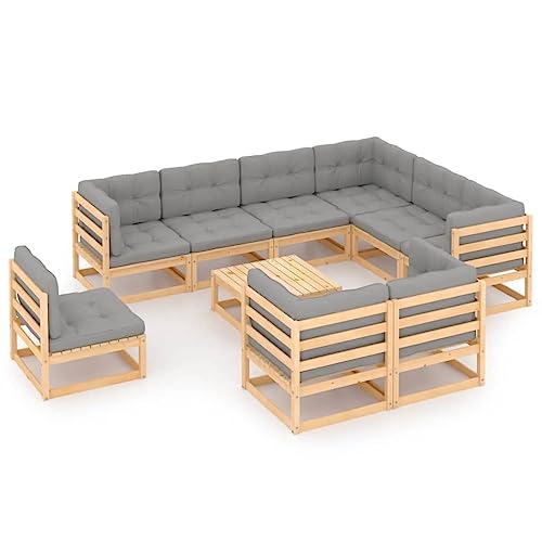 Yunir Juego de Muebles de Patio de 10 Piezas, Silla de Madera Maciza para Exteriores con Mesa, Cojines Grises, Sillones de Conversación, Muebles de Porche para Terraza, Balcón, Patio