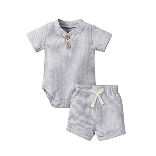 HZYKOK Baby Boy Summer Clothes Knitted Outfits Short Sleeve Button Down Romper Drawstring Leggings Pants Set 2PCS (Gray, 0-6 Months)