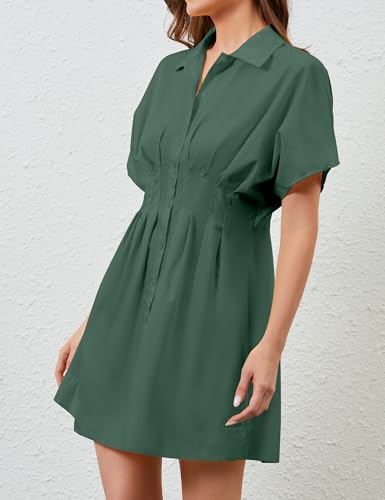 Image of Women Summer Short Sleeve Button Front Pleated Shirt Dress Striped Collar V Neck Casual Y2k Swing Short Mini Dress