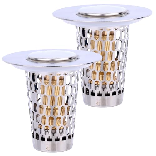 2pcs Bathroom Sink Stopper, Universal Pop-Up Drain Stopper for 1-1.50in Drains Stainless Steel Sink Plug with Hair Strainer (Silver)