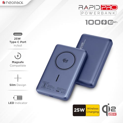 Image of Neopack Rapid Pro Magsafe Power Bank 10000 mAh with 25W Fast Wireless Charging | QI2 Technology | LED Indicator | Strong Magnetic Hold | USB-C in & Output Compatible with iPhone 12 & New Models, Blue