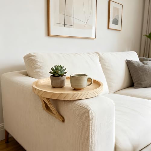 Uwenkjie Natural Pine Sofa Armrest Tray 25cm Circular Wood Foldable Side Table with Clip Portable Waterproof Arm Tray for Remote Control Drink Phone Snack | Living Room Organizer