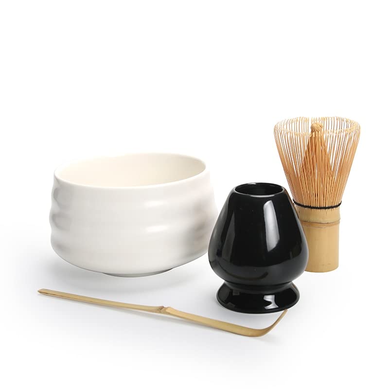 LIUXIN Juego de 4 Unidades de Matcha Tradicional, Juego de Regalo, batidor de Matcha Natural, Cuenco de Matcha cerámico, Soporte para batidor , Juegos de té japoneses