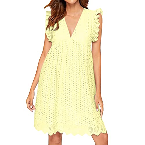 Vestido de Mujer con Bolsillos Pantalones Cortos Verano Elegante Jacquard Encaje Cuello en V Vestido Color s贸lido Tallas Grandes Manga Corta Suelta para Vestido Informal