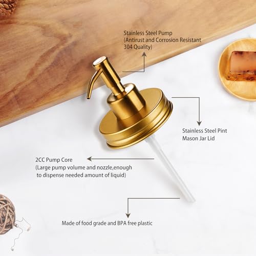 Image of Amolliar Mason Jar Liquid Soap Dispenser Pump, Rustproof Stainless Steel Lid, Refillable Soap Pump for Kitchen, Bathroom, Hand, Dish, Lotion Soap Pump Replacement, Cute Farmhouse Decor, Golden 2 Pack
