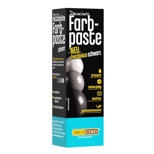 DECOCINO fettlösliche Farbpaste Schwarz - 15 g - öl-basierte Lebensmittelfarbe ideal zum Einfärben von Schokolade Buttercreme Fondant oder Kuchenteig
