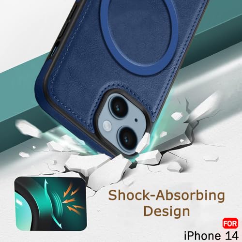 Image of TheGiftKart Genuine Leather Finish Back Cover Case for iPhone 14 | Shockproof Design | Raised Edges for Camera & Screen Protection | Stunning Minimalist Design Case Cover (MagSafe Compatible, Blue)
