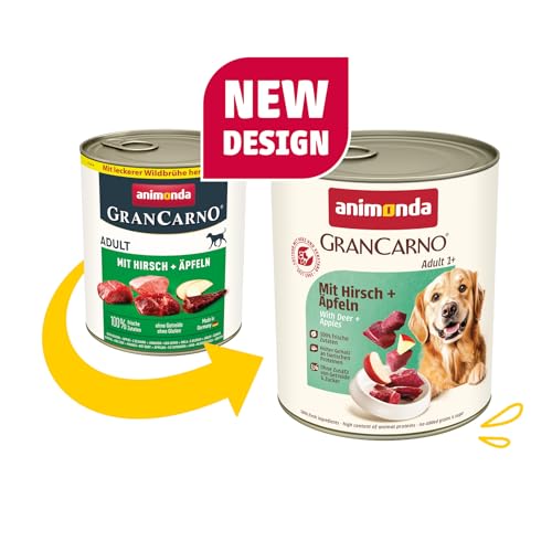 animonda GranCarno Hunde Nassfutter mit Hirsch + Äpfeln (6 x 800 g), getreidefreies Hundenassfutter ohne Zucker, für ausgewachsene Hunde, mit frischen fleischigen Zutaten