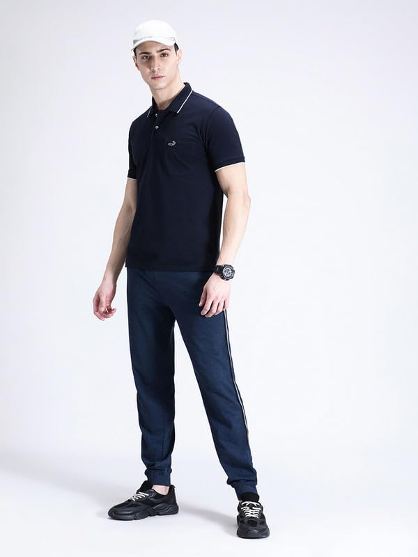 Image of CROCODILE Men Solid French Terry Joggers | Classic Fit | Mid Rise | Drawstring Closure | Ankle Length | Casual Wear Navy Melange