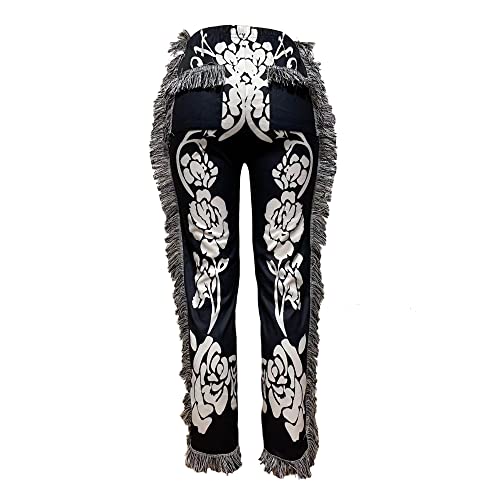NIFTRIRY Women Hippie Tassel Graphic Printed Pattern Elastic Pants Ninth Straight Pants Party Music Festival Wear A4 Black XX-Large3