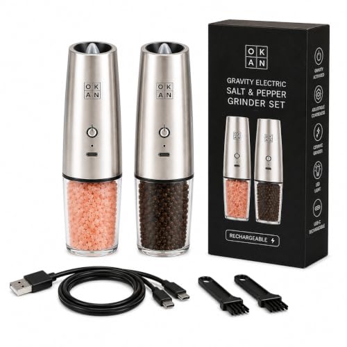 Gravity Electric Salt and Pepper Grinder Set, USB-C Rechargeable, Automatic Tilt-to-Grind, Adjustable Ceramic Grinder, LED Light, One-Hand Operation, 3.4 Oz Capacity.