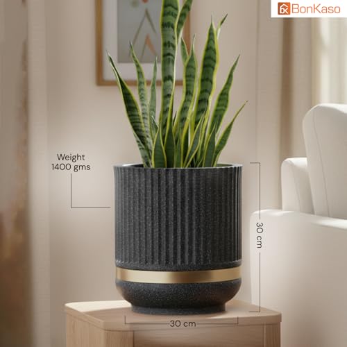 Image of BonKaso 14 Inch Tower Plant Pot for Indoor & Outdoor | Modern Lightweight Polymer Planter | Weather, UV & Frost Resistant | Ideal for Living Room, Balcony, Office & Nursery (Dark Grey)