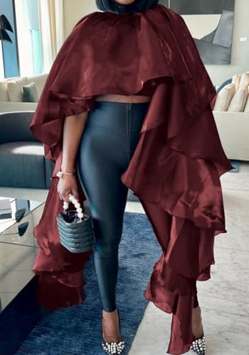 Lucuna Women's Sexy Satin Ruffle Shawl Wraps Pull On Asymmetrical Swing Flowy Trendy Smocked Cape Poncho Shirt2