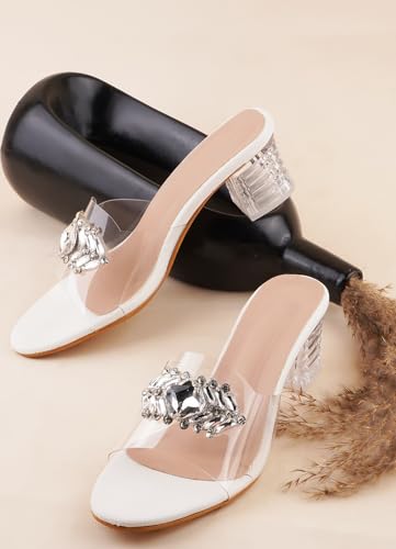 Image of TRYME Embellished Front Studded Buckle Block Heels Comfortable Transparent Party Kitten Heel for Womens & Girls