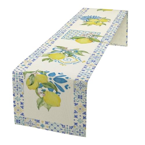 Image of Mediterranean Lemon Table Runner - Blue Tile Border with Watercolor Yellow Lemons and Floral Design - Summer Dining Table Decor for Kitchen or Patio 13x72 Inch