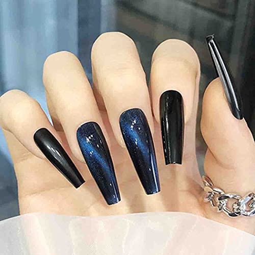 Outyua Cateye Glossy Extra Long Fake Nails Ballerina Acrylic Press on Nails Coffin False Nails Tips Full Cover Artificial Nails for Women and Girls 24Pcs (Blue)