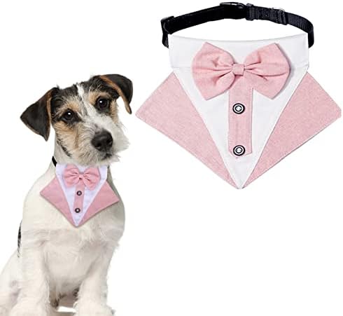 HACRAHO Formal Dog Tuxedo Bandana, 1 Piece Pink Dog Wedding Bandana Collar with Bowtie Adjustable Formal Tux Dog Bandana with Collar for Small Dogs, S