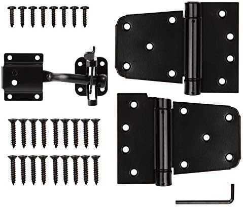 HILLMASTER Heavy Duty Gate Latch Kit for Wooden Vinyl Fence, 1 Pack Self-Locking Gate Latch and 2 Pack 3.5” Spring Tee Hinges, Gate Fence Hardware Set, Black Finish