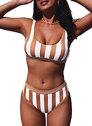 Photo 1 of Aleumdr Women's Crop Top Striped Printed High Waisted Cheeky Bikini Set Two Piece Swimsuits Medium Aa Brown