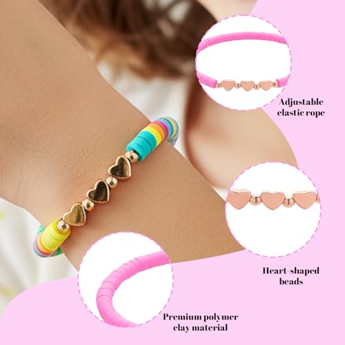 QhgPnt 24 Pcs Soft Clay Bead Heart Bracelets for Girls, Colourful Party Bag Fillers, Adjustable Friendship Bracelets for Kids, Teens and Women, Perfect for Parties, Gifts and Daily Wear