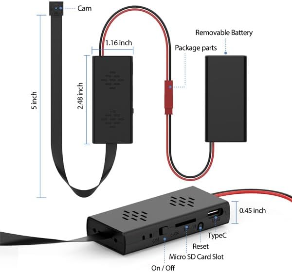 Diagram showing the dimensions of the Zetronix Atom 4K camera module, flexible camera, and battery pack, highlighting ports and controls.