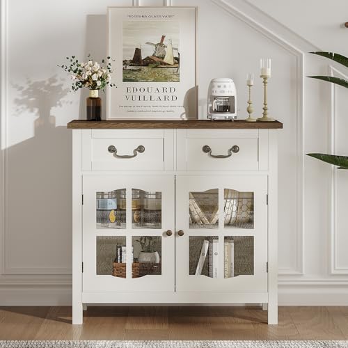 ChooChoo-Farmhouse-Sideboard-Buffet-Cabinet-with-Storage-Coffee-Bar-Cabinet-with-Glass-Doors-Entryway-Cabinet-for-Kitchen-Living-Room-White ChooChoo Farmhouse Sideboard Buffet Cabinet with Storage Coffee Bar Cabinet with Glass Doors Entryway Cabinet for Kitchen Living Room White