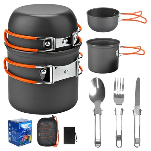 SilverChry Olla de Cocina para Acampar Set, Utensilios de Cocina para Acampar, Utensilios de Cocina para Camping para 1-2 Personas, para Acampar, Cocinar Aire Libre, Hacer Caminatas, Viajar