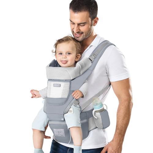 Image of YSSKTC Baby Carrier Ergonomic Infant Carrier with Hip Seat Kangaroo Bag Soft Baby Carrier Newborn to Toddler 7-45lbs Front and Back Baby Holder Carrier for Men Dad Mom (Grey)