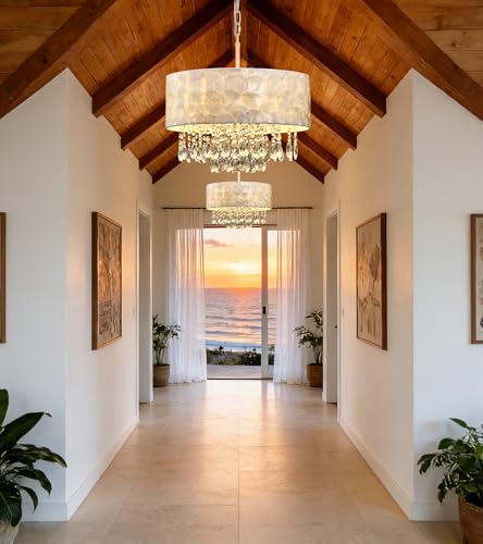 Q&S Boho Coastal Capiz Shell Crystal Chandelier,Modern Glam Luxe Drum D18 inch 4-Light Pendant Light Fixture for Dining Room Living Room Bedroom Kitchen Island Foyer UL Listed