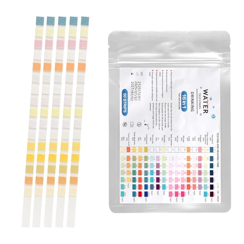 APOMOONS 16 en 1 Test eau Potable, 50 Pièces Test de La Dureté de L'Eau, Kit Analyse Eau, Test du PH, Plomb, Fer, Cuivre, Etc., Convient pour L'Eau du Robinet Domestique, Aquariums, Les Piscines.