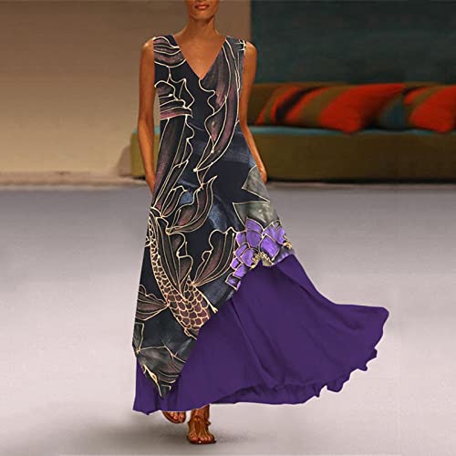 Plus Size Baggy Dress Women Vintage Folk Style V Neck Splicing Floral Printed Sleeveless Caftan Irregular Long Maxi Dress #TOP1