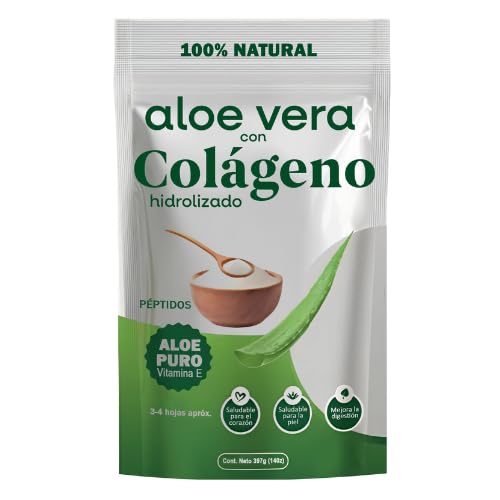 Aloe Vera Puro Gel 100% Natural con Colágeno Hidrolizado -Orgánico-Vegano-Hidratación profunda y detox | Antioxidante | Cicatriza, Calma, Refresca la Piel | Bienestar digestivo | Vitamina E | 400 g