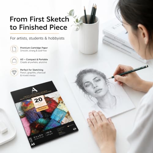 Image of ArtRight Artists' Sketching Paper (A5 Pack of 20 Sheets, 300 GSM); Handmade Cartridge Mixed Media Sheets of 300GSM for Pencil, Charcoal and Ink Media