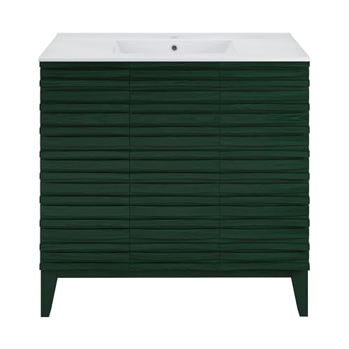 Image of Swiss Madison Cascade 36 inch Freestanding Bathroom Vanity in Green Oak with Sink Top