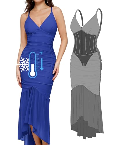 Image of Popilush Corset Dress Built in Shapewear Bodycon Cocktail Dresses for Women Wedding Guest Deep V Neck Mesh Ruched Maxi Dress