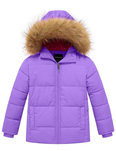 wantdo Girls' Winter Coat Warm Waterproof Puffer Jacket with Removable Faux Fur Hood