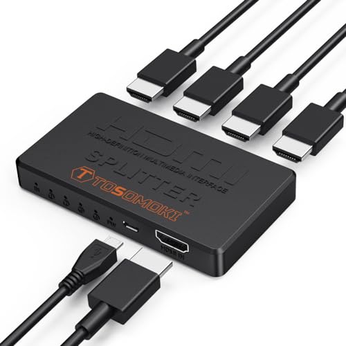 Tosomoki - HDMI Splitter 1 in 4 out Duplicate Mirror Screens 1 to 4 Amplifier 4K@30HZ Full HD 1080P 3D for Xbox PS4 PS5 Sky Box Fire Stick Projector PC Laptop Mac (NOT EXTEND)