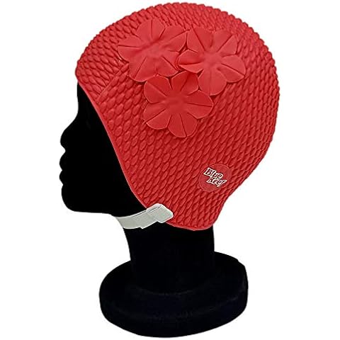 Blue Reef Oslo Bubble Solid Colour Floral Ladies Classic Retro 3 Flower Group Subtle Understated Tone On Tone 3D Petal Stylish Vintage Swimming Hat Swim Cap One Size Adults With Adjustable Strap (Red) Cover