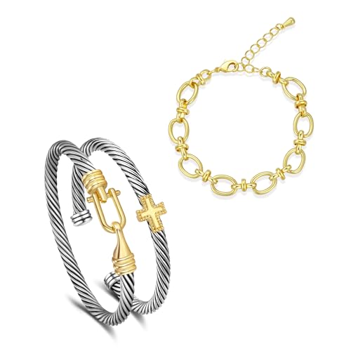 Cable Bracelets for Women - Two Tone Twisted Wire Cuff Bangle Set, Trendy Jewelry Gifts for Women