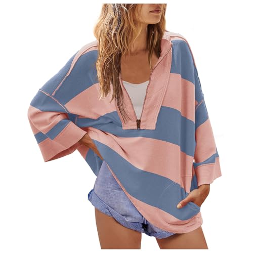 Oversized Striped Sweatshirt for Women Half Zip Long Sleeve Drop Shoulder Color Block Pullover Loose Casual Fall Tops